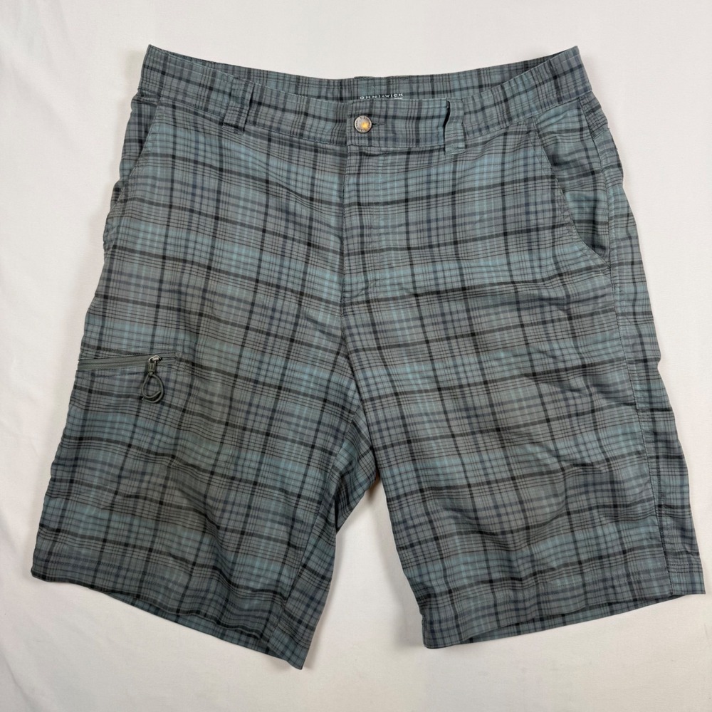 Columbia Omni-Wick Mens Gray Blue Plaid Hiking Cargo Shorts Size 36 Outdoor